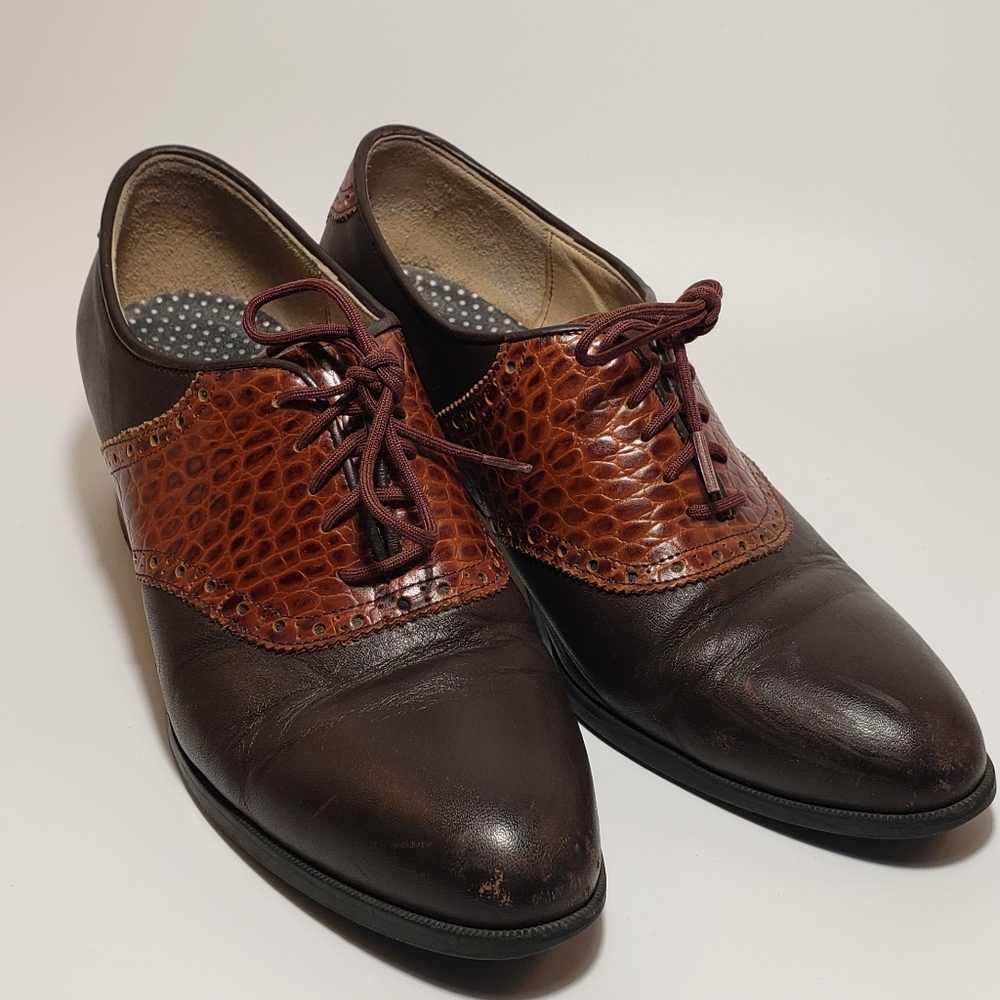 Womens Dark Brown with Faux Alligator Accents Heeled Oxford Saddle Shoes 7.5